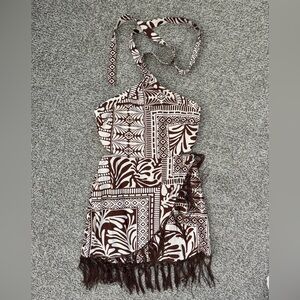 Lulu's Brown & Cream Geometric Halter Dress